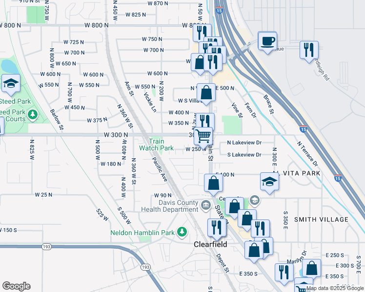 map of restaurants, bars, coffee shops, grocery stores, and more near 104 West 250 North in Clearfield