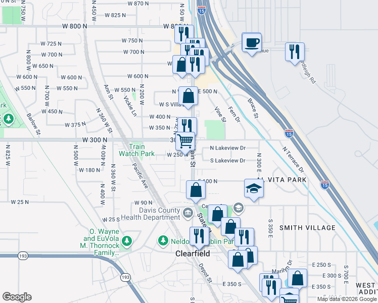 map of restaurants, bars, coffee shops, grocery stores, and more near 285 North Main Street in Clearfield