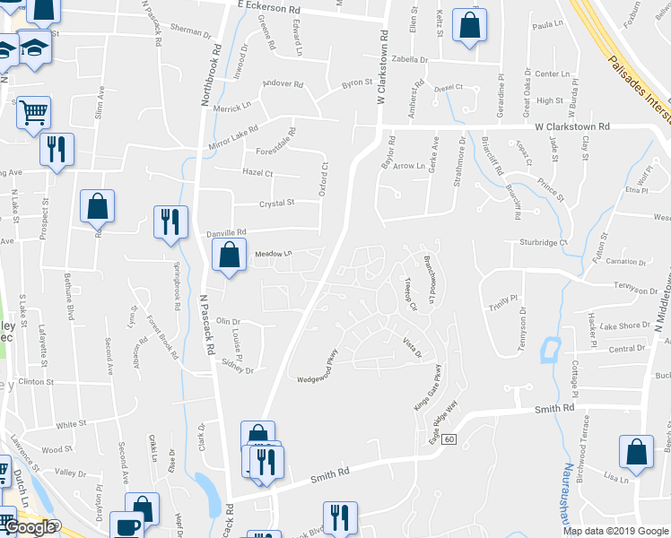 map of restaurants, bars, coffee shops, grocery stores, and more near 20 Aspen Court in Nanuet