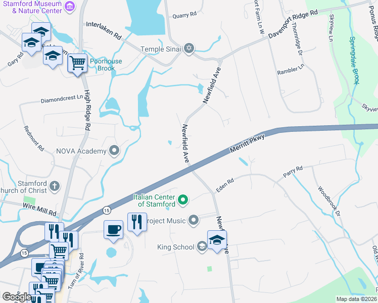 map of restaurants, bars, coffee shops, grocery stores, and more near 1708 Newfield Avenue in Stamford
