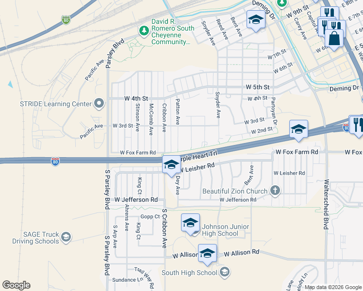 map of restaurants, bars, coffee shops, grocery stores, and more near 260 Patton Avenue in Cheyenne