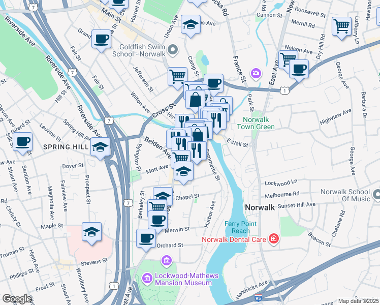 map of restaurants, bars, coffee shops, grocery stores, and more near 43a Wall Street in Norwalk