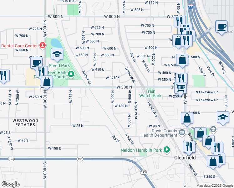 map of restaurants, bars, coffee shops, grocery stores, and more near 482 West 275 North in Clearfield