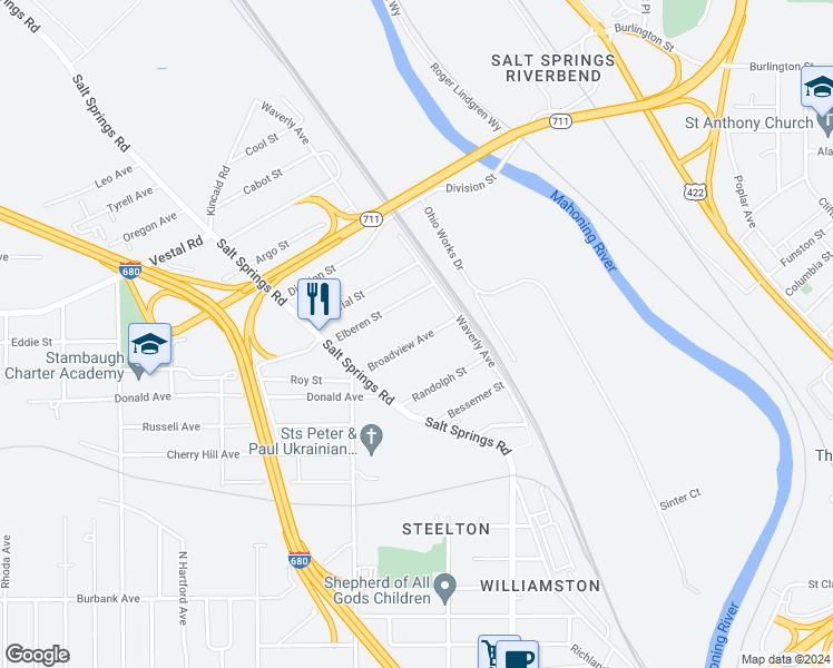 map of restaurants, bars, coffee shops, grocery stores, and more near 344 Broadview Avenue in Youngstown