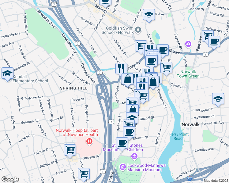 map of restaurants, bars, coffee shops, grocery stores, and more near Belden Ave in Norwalk