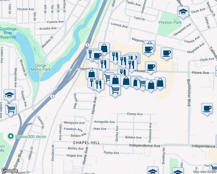 map of restaurants, bars, coffee shops, grocery stores, and more near 230 Howe Avenue in Cuyahoga Falls