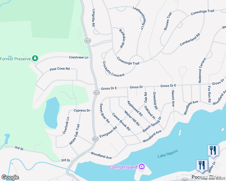 map of restaurants, bars, coffee shops, grocery stores, and more near 12 Gross Drive East in Pocono Pines