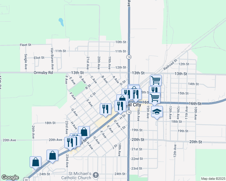 map of restaurants, bars, coffee shops, grocery stores, and more near 304 D Street in Central City