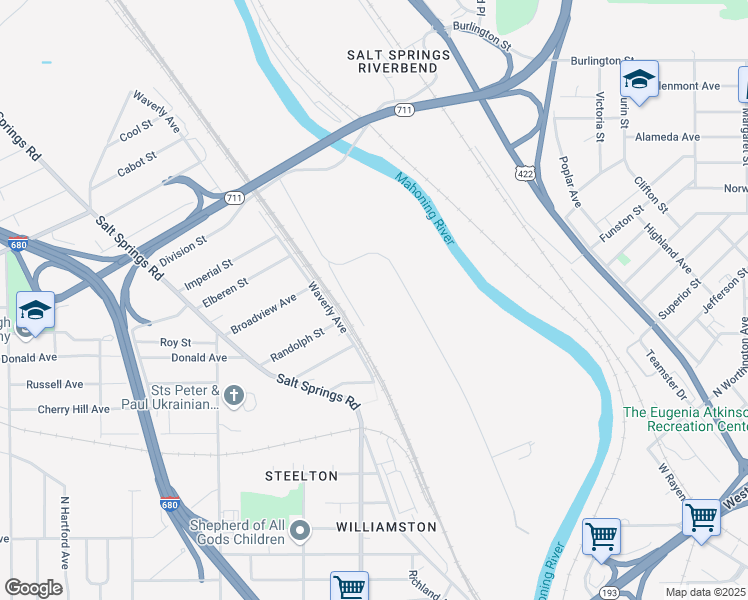 map of restaurants, bars, coffee shops, grocery stores, and more near 1100 Ohio Works Drive in Youngstown