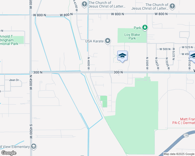 map of restaurants, bars, coffee shops, grocery stores, and more near 3949 West 250 North in West Point