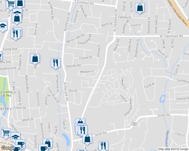 map of restaurants, bars, coffee shops, grocery stores, and more near 6 Meadow Lane in Nanuet