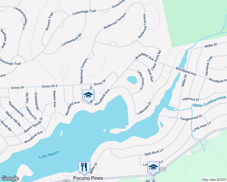 map of restaurants, bars, coffee shops, grocery stores, and more near 6108 Lakeview Drive in Pocono Pines