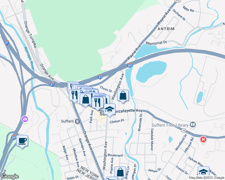 map of restaurants, bars, coffee shops, grocery stores, and more near 18 Cross Street in Suffern