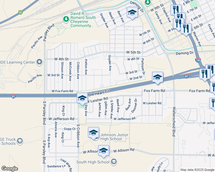 map of restaurants, bars, coffee shops, grocery stores, and more near 241 Abby Road in Cheyenne