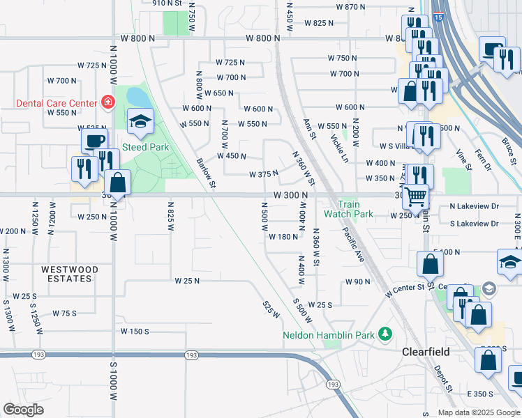 map of restaurants, bars, coffee shops, grocery stores, and more near 560 West 300 North in Clearfield