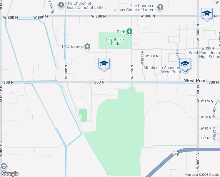 map of restaurants, bars, coffee shops, grocery stores, and more near 3642 Utah 107 in West Point