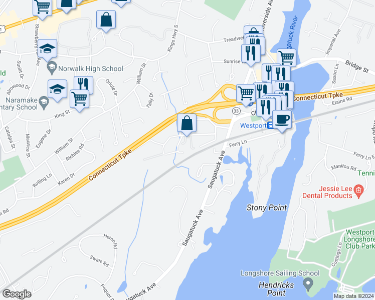map of restaurants, bars, coffee shops, grocery stores, and more near 2 Heritage Court in Westport