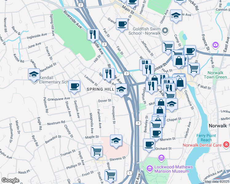 map of restaurants, bars, coffee shops, grocery stores, and more near 2 Spring Hill Avenue in Norwalk