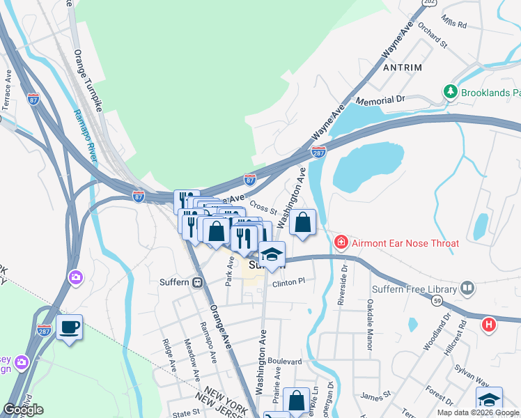 map of restaurants, bars, coffee shops, grocery stores, and more near 1 Pleasant Avenue in Suffern