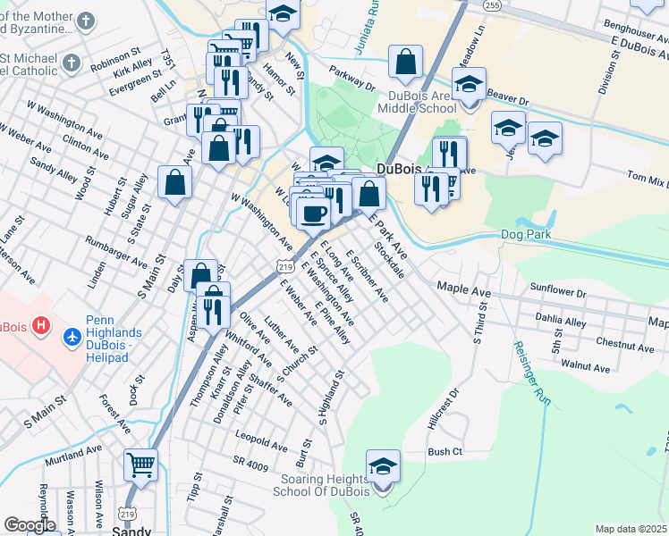 map of restaurants, bars, coffee shops, grocery stores, and more near 21 East Long Avenue in DuBois
