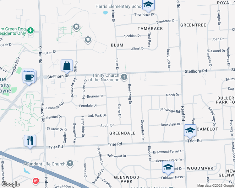 map of restaurants, bars, coffee shops, grocery stores, and more near 4125 North Drive in Fort Wayne