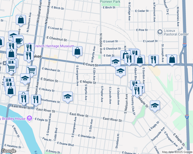 map of restaurants, bars, coffee shops, grocery stores, and more near 1235 East Merchant Street in Kankakee