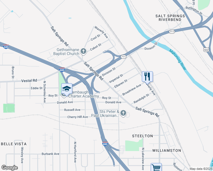 map of restaurants, bars, coffee shops, grocery stores, and more near 1324 Salt Springs Road in Youngstown