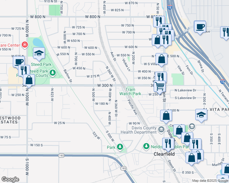 map of restaurants, bars, coffee shops, grocery stores, and more near 285 North 360 West in Clearfield