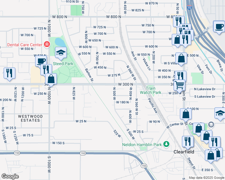 map of restaurants, bars, coffee shops, grocery stores, and more near 560 West 300 North in Clearfield