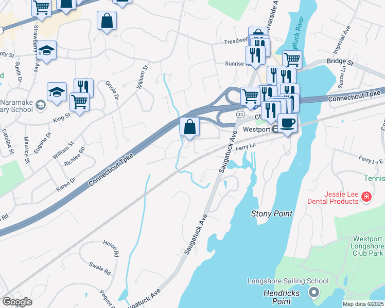 map of restaurants, bars, coffee shops, grocery stores, and more near 15 Doctor Gillette Circle in Westport