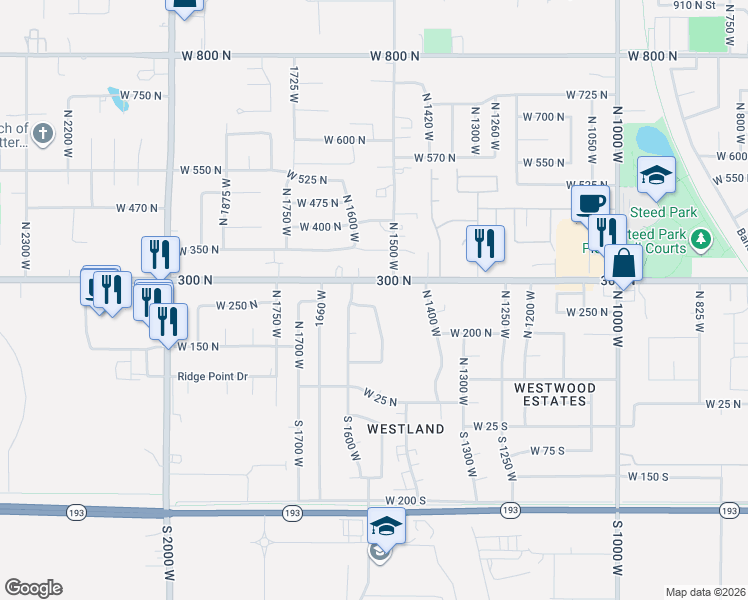 map of restaurants, bars, coffee shops, grocery stores, and more near 1535 Utah 107 in West Point