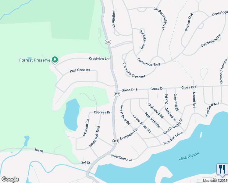map of restaurants, bars, coffee shops, grocery stores, and more near 341 Pennsylvania 423 in Pocono Pines