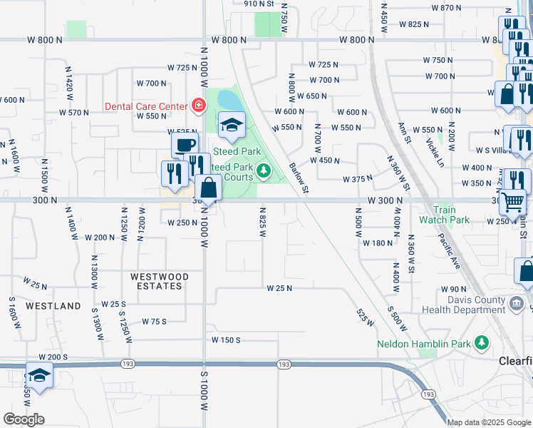map of restaurants, bars, coffee shops, grocery stores, and more near 288 North 825 West in Clearfield