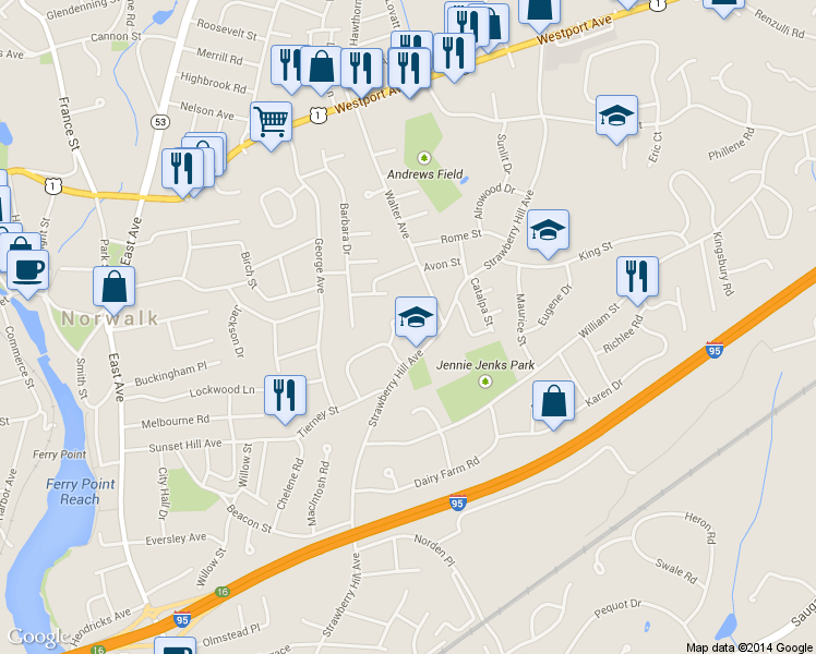 map of restaurants, bars, coffee shops, grocery stores, and more near 82 Perry Avenue in Norwalk
