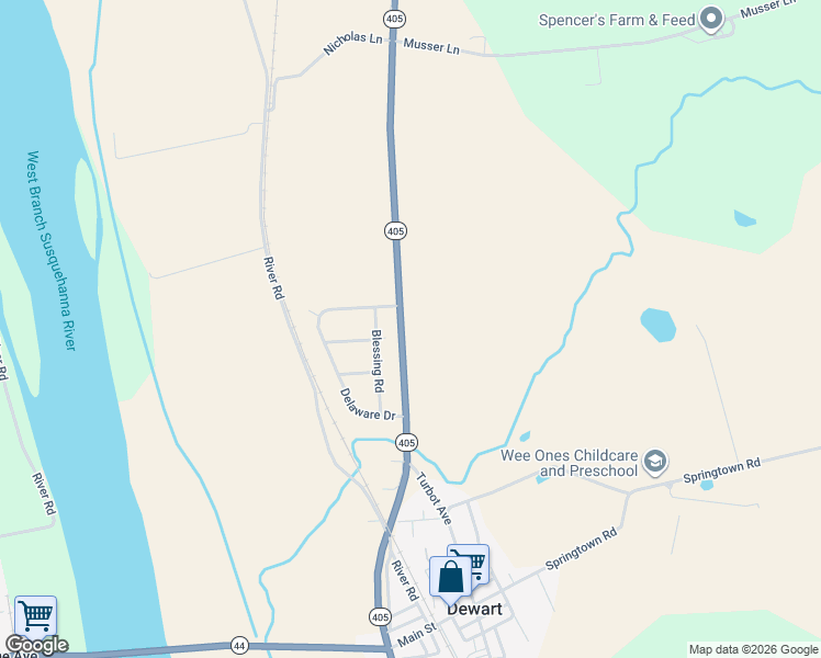 map of restaurants, bars, coffee shops, grocery stores, and more near 13810 Pennsylvania 405 in Watsontown