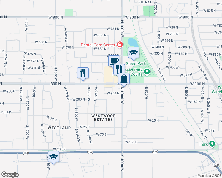 map of restaurants, bars, coffee shops, grocery stores, and more near 1086 West 275 North in Clearfield