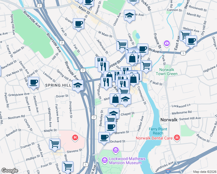 map of restaurants, bars, coffee shops, grocery stores, and more near 24 Burnell Boulevard in Norwalk
