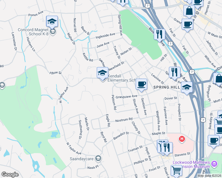 map of restaurants, bars, coffee shops, grocery stores, and more near 54 Fillow Street in Norwalk