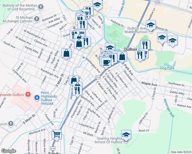 map of restaurants, bars, coffee shops, grocery stores, and more near 112 South Brady Street in DuBois