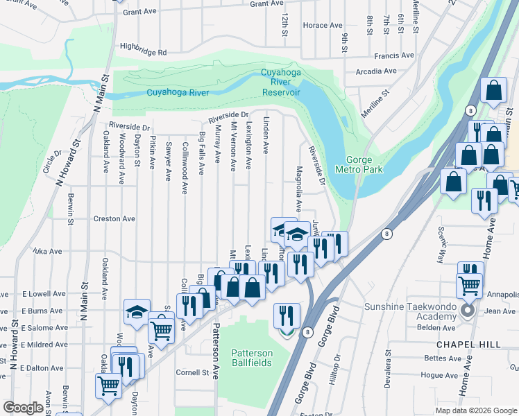 map of restaurants, bars, coffee shops, grocery stores, and more near 1192 Linden Avenue in Akron