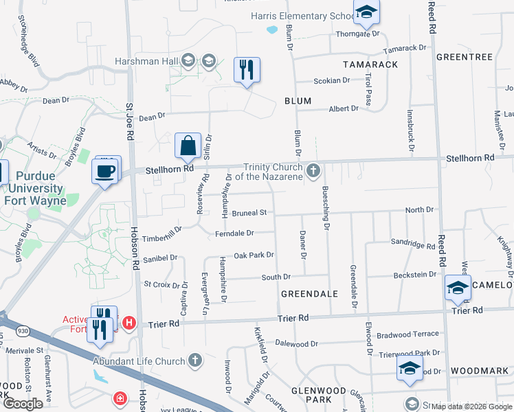 map of restaurants, bars, coffee shops, grocery stores, and more near 3850 Plymouth Road in Fort Wayne