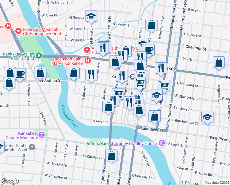 map of restaurants, bars, coffee shops, grocery stores, and more near 305 South Washington Avenue in Kankakee