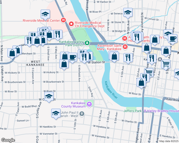 map of restaurants, bars, coffee shops, grocery stores, and more near 355 South Wall Street in Kankakee