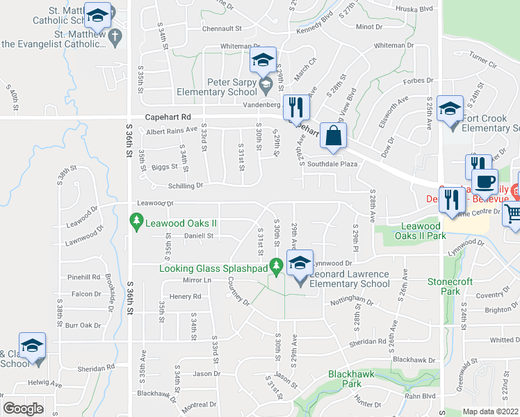 map of restaurants, bars, coffee shops, grocery stores, and more near 3101 Leawood Drive in Bellevue