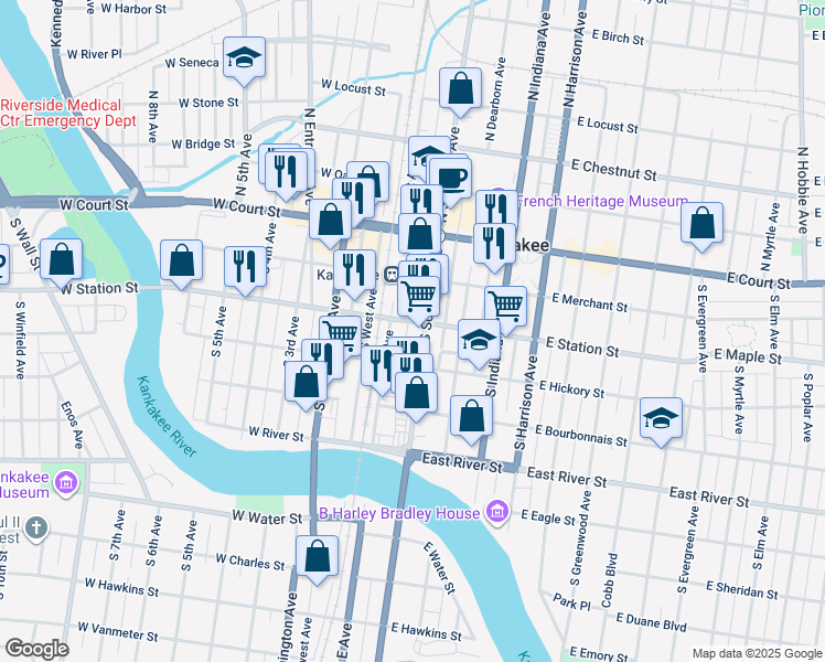 map of restaurants, bars, coffee shops, grocery stores, and more near 101 East Station Street in Kankakee