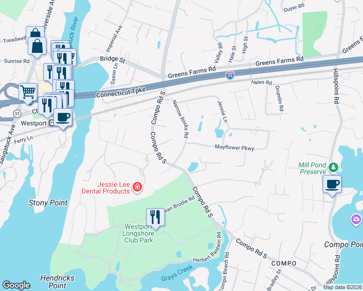map of restaurants, bars, coffee shops, grocery stores, and more near 1 Mayflower Parkway in Westport
