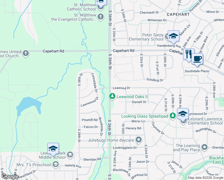 map of restaurants, bars, coffee shops, grocery stores, and more near 3510 Leawood Drive in Bellevue