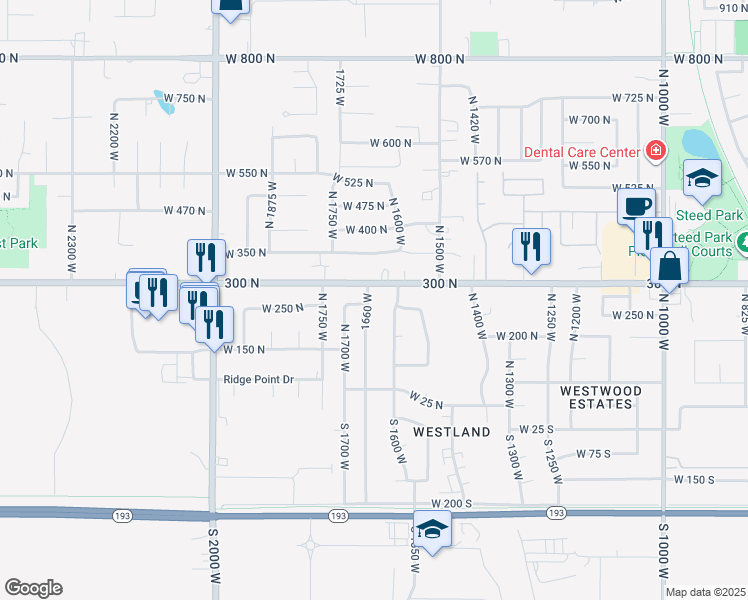 map of restaurants, bars, coffee shops, grocery stores, and more near 1645 West 300 North in West Point