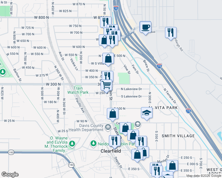 map of restaurants, bars, coffee shops, grocery stores, and more near 285 North Main Street in Clearfield