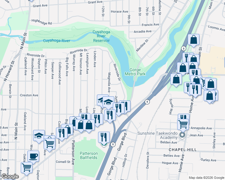 map of restaurants, bars, coffee shops, grocery stores, and more near 1193 Juniper Avenue in Akron